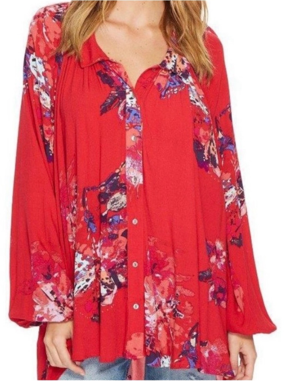 #886 FREE PEOPLE Meadow Lark Red Floral Button-Up Tunic, Mini-Dress